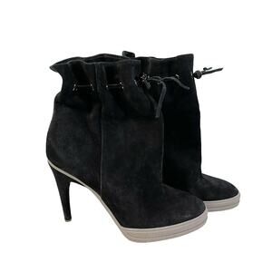 BCBGMAXAZRIA Womens Black Drawstring Real Rabbit Fur Stiletto Heel Boots Size 8M